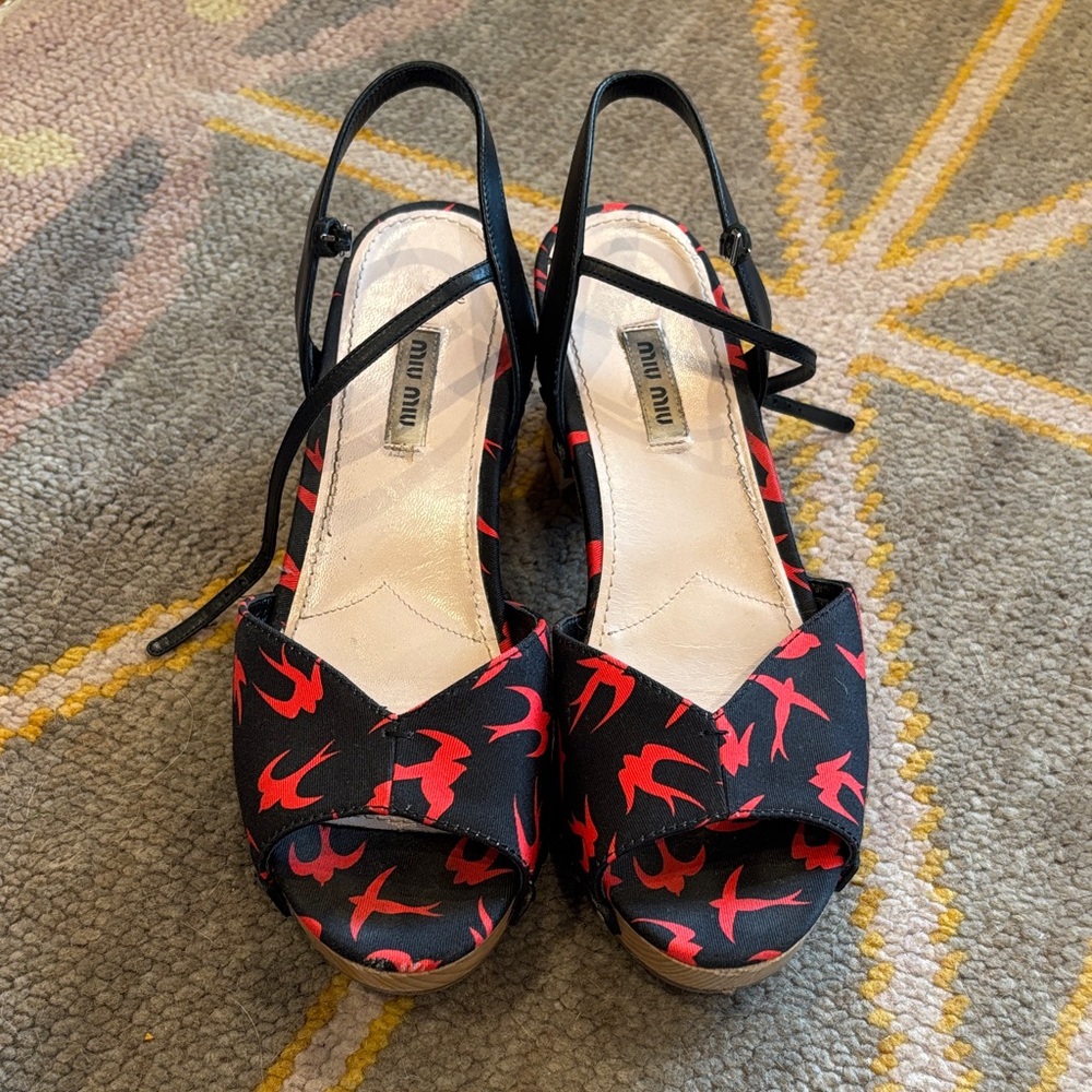 Miu Miu Black and Red Bird Print Clog Heels